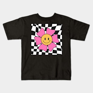 Cute Smiley Groovy Flower 80s Checkered Smiling Happy Retro Kids T-Shirt